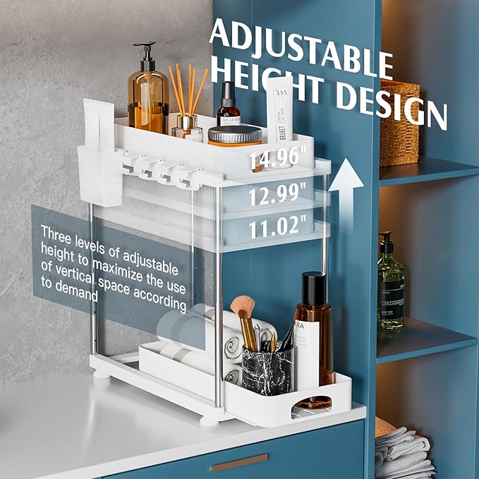 VERIFOST 2 Pack Under Sink Organizers and Storage, Double Sliding Kitchen Cabinet Organizer, 2 Tier Height Adjustable Countertop Organizer for Kitchen Bathroom Laundry, White