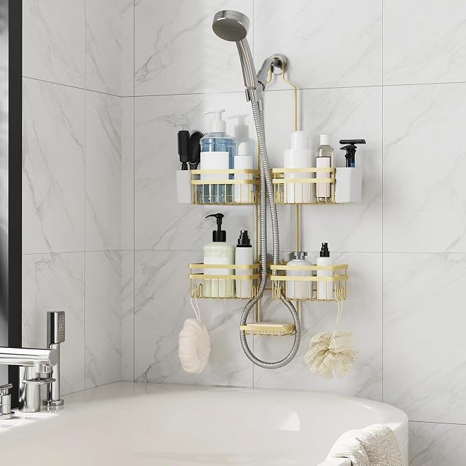 Shower Caddy Hanging for Bathroom Organizers and Storage - 3-Tier Adjustable Anti-Swing Shower Organizer Hanging with Heavy-Duty Suction Cups, Damage-Free Rustproof (Gold)