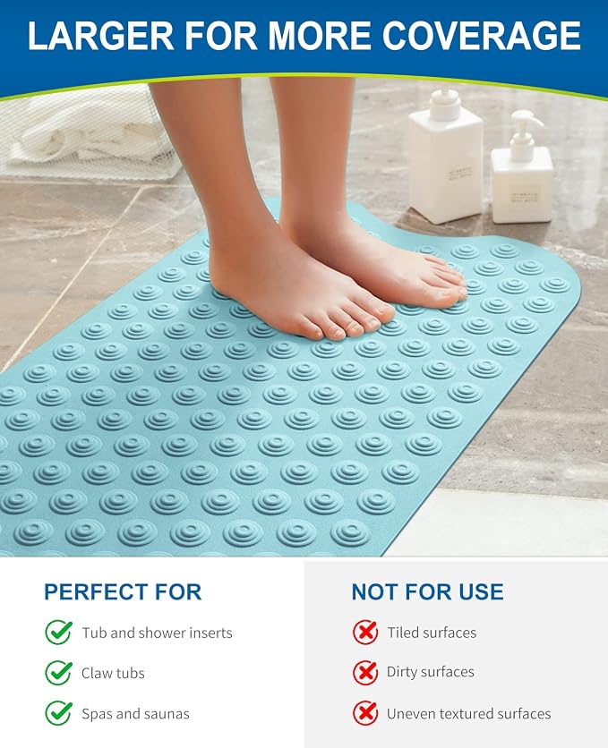 Bligli Bathtub Mat Non-Slip Without Suction Cups, 39x16inch Extra Long Bath Mats for Shower Bathroom, Machine Washable Natural Rubber Shower Tub Mat (39x16inch, Sky Blue)