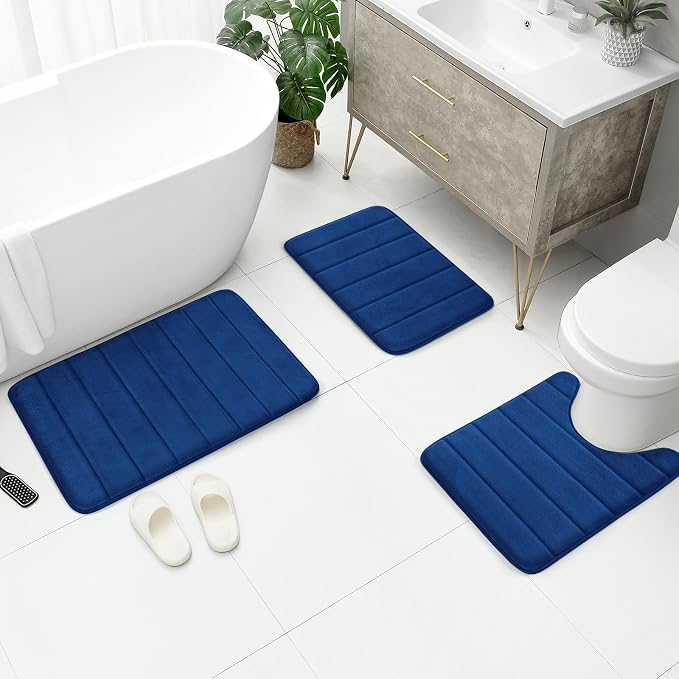 BYSURE Navy Blue Memory Foam Bathroom Rug Set 3 Piece, Non Slip Extra Soft Absorbent Bath Mats, Machine Washable & Dry Toilet Mat Sets for Bathroom Floor