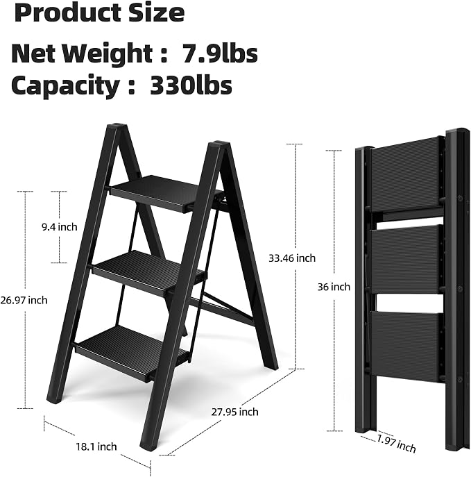 HillhutApex 3 Step Ladder, Lightweight Portable 3 Step Stool with Anti-Slip Wide Pedal, 330lbs Capacity Aluminum Ladder for Household,Office,Kitchen(Black)