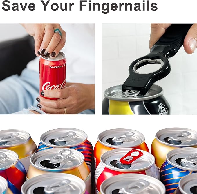 2-Pack Soda Can Opener and Beer Bottle Opener Bartender with Good Grip Silicone Handle, Pop Top Can Tab Opener for Long Nails, Bottle Opener for Arthritic Hand and Seniors, Black