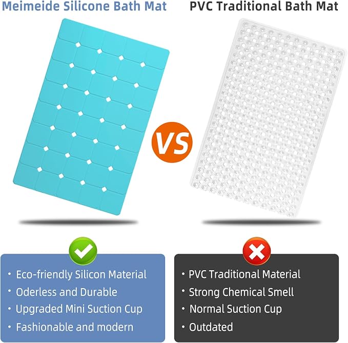 Bathtub Mat Non Slip Silicone Soft Odorless Bath Mat No Suction Cups for Refinished,Textured and Reglazed Tub Shower Mats Non-Slip 18 X 28Inch Blue
