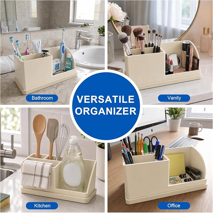 Bathroom Toothbrush Holders, 4 Slots Silicone Counter Organizer Storage Beige, Detachable Anti-Slip Vanity Organizer for Electric Toothbrush, Toothpaste & Phone