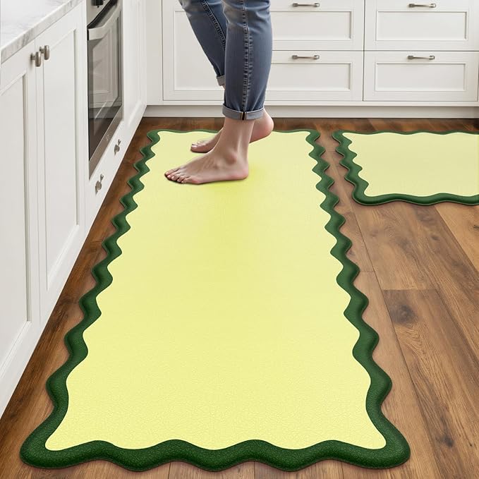 Arenarug Scalloped Kitchen Mats Rugs Sets of 2 Cushioned Anti Fatigue Floor Mat Waterproof Kitchen Rugs Non Slip Foam Comfort Standing Mat for Sink Laundry, Green