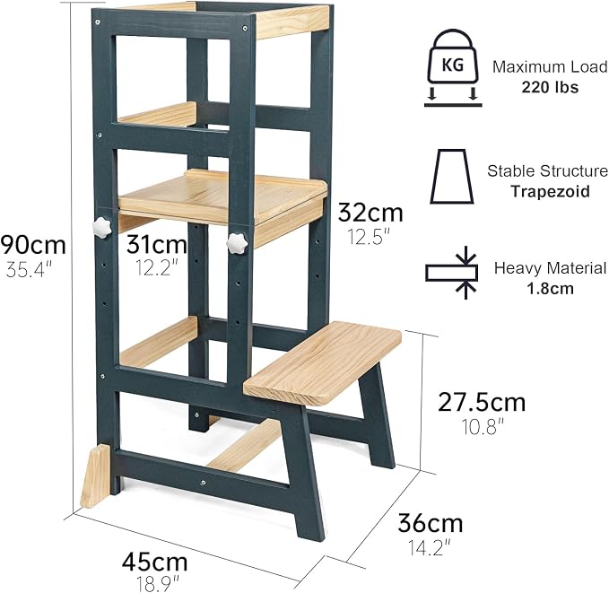Kitchen Step Stool for Toddlers with Non-Slip Mat, WOOD CITY Wooden Kids Montessori Learning Stool Tower, Toddler Standing Tower Helper for Kitchen Counter and Bathroom Sink (Deep-Blue-Adjustable)