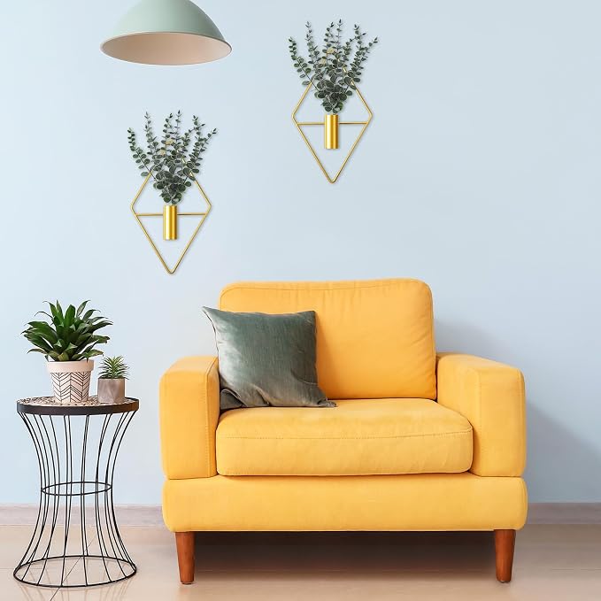 Jexine 4 Pcs Hanging Planters with Artificial Eucalyptus Metal Hanging Vase Indoor Plants Holder Modern Geometric Boho Bathroom Wall Decor for Living Room Home Office (Eucalyptus,Gold)