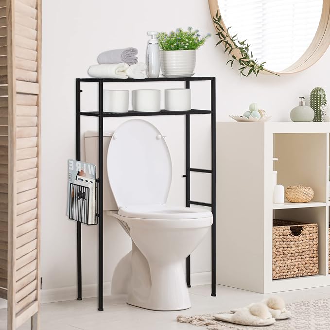 MyGift 2-Tier Over The Toilet Storage Rack, Over Toilet Bathroom Organizer, Freestanding Above Toilet Shelf with Removable Magazine Holder Basket, Black Metal Cabinet for Laundry Space Saver