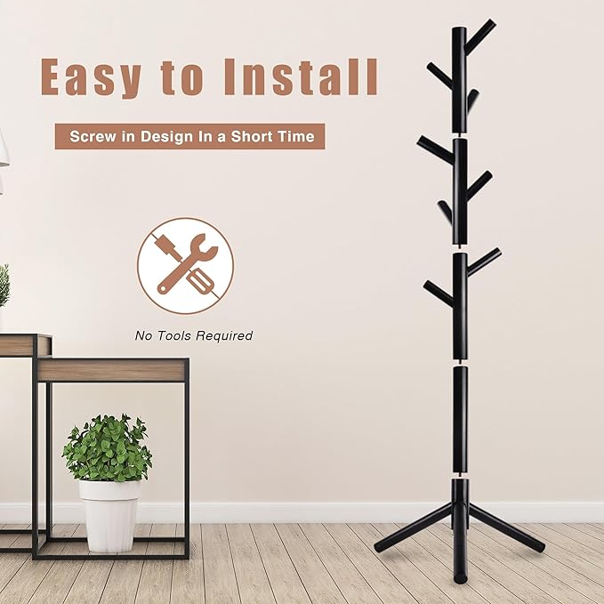 Coat Rack, Coat Racks Freestanding with 8 Hooks 3 Adjustable Heights for Clothes, Hats, Handbags, Coat Tree Easy Assembly for Entryway, Bedroom, Hallway, Office(Black 2PCS)