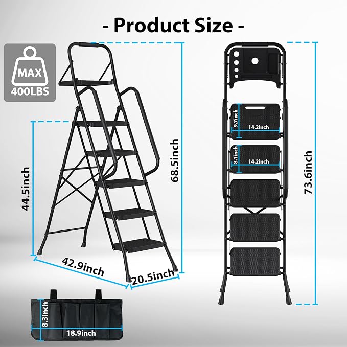 BONTEC 5-Step Ladder, 400lbs Max Load, Folding Step Stool with Tool Tray, Tool Bag, Handrails, Wide Anti-Slip Pedals, Sturdy Steel Ladder for Household & Work Use, Black