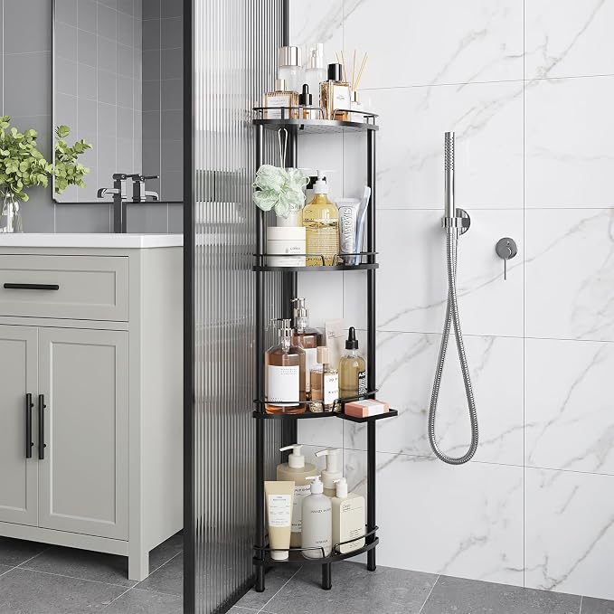 ELYKEN Corner Shower Caddy Standing, 4 Tier Rustproof Metal Shower Organizer with Soap Holder, Floor Shower Corner Shelf Rack Storage Stands with Adjustable Feet & 2 Hooks for Bathroom, Black
