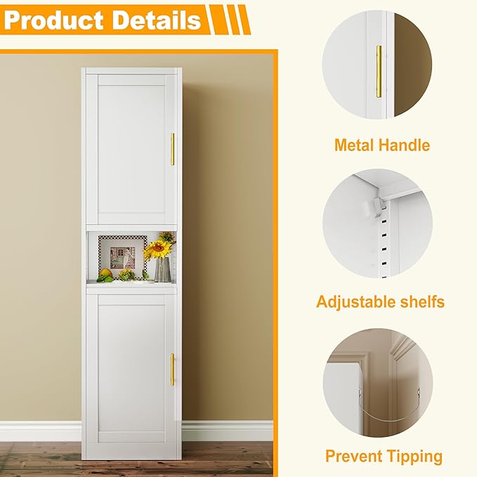 Ckzbx Tall Narrow Storage Cabinet 66.93" H Tall Bathroom Cabinets Metal Pantry Cabinet, 4 Adjustable Shelves for Kitchen, Home Office, Living Room, Dinning Room (16 inches Wide White)