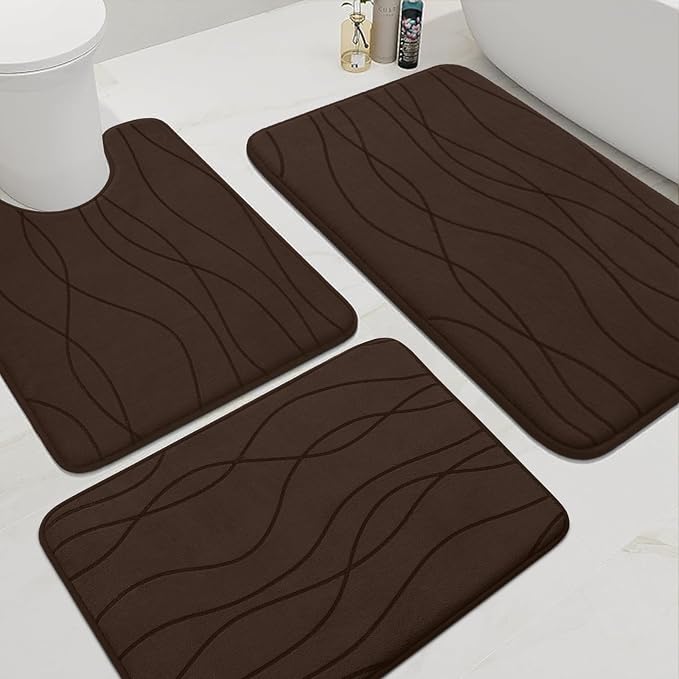 YIHOUSE Memory Foam Bathroom Rug Sets, Brown, 3 Piece | Ultra Soft, Absorbent, Non-Slip, Machine Washable