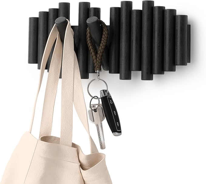 Umbra Picket Wall-Mounted Coat Rack Rail Hook with 5 Retractable Wood Pegs – Modern, Space-Saving Storage Organizer, Black