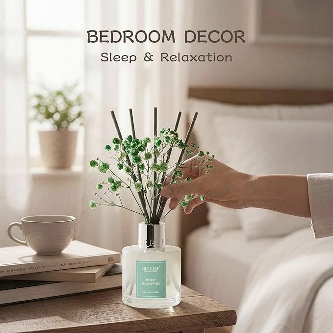 Airkeep Reed Diffuser Set,3.38 fl oz (100 ml) - Moss Eucalyptus Oil Diffusers with 8 Reed Sticks, Home Fragrance Reed Diffuser for Bathroom Shelf Decor
