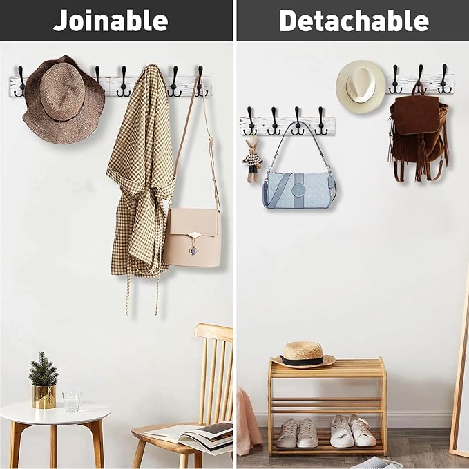 Kuhome 32.2'' Large Coat Rack Wall Mount Coat Hooks with 8 Metal Black Triple-Hooks Old White Pine Real Wood Plank Hat Rack for Wall Hooks