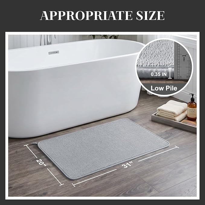 MontVoo Quick Dry Bath Mat, Super Absorbent Bathroom Rug, 3D Honeycomb Mesh Base Non Slip Bath Mats for Bathroom, Machine Washable Low Pile Bath Rug for Bathtub Front, Shower, Sink, Grey 20"x31"