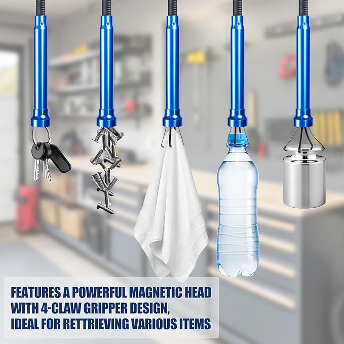 Grabber Reacher Tool, Flexible Magnetic Pickup Tool with 4-Claw Gripper & Spring-Loaded Handle, Pickup for Bathroom, Engine Bay, Kitchen & Sewers (24 inch) (Blue Magnetic Pickup Tool)