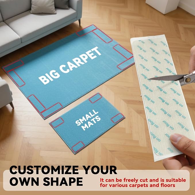Rug Non Slip Grippers, 8Pcs Carpet Tape Reusable, No Residue on Hardwood Floors, Strong Hold Rug Stickers for Area Rugs, Keep Corners Flat, 2x8 Inch