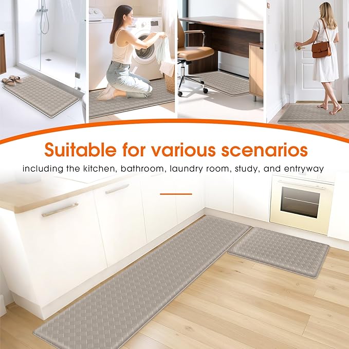 TranquilRelax 2-Piece Anti-Fatigue Kitchen Mats, Cushioned Non-Slip Waterproof Sink & Stove Floor Mats, Comfortable Standing Rug Set for Kitchen, Laundry & Entryway, Brown