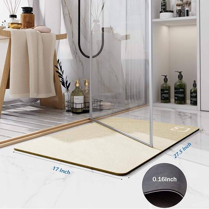 RUERYA Diatomaceous Earth Bath Mat Super Absorbent Diatomite Stone Bath Mats for Bathroom Non Slip Rubber Backed Quick Drying Thin Bathroom Rugs Floor Mat, Machine Washable, 17" x 27.5", Beige