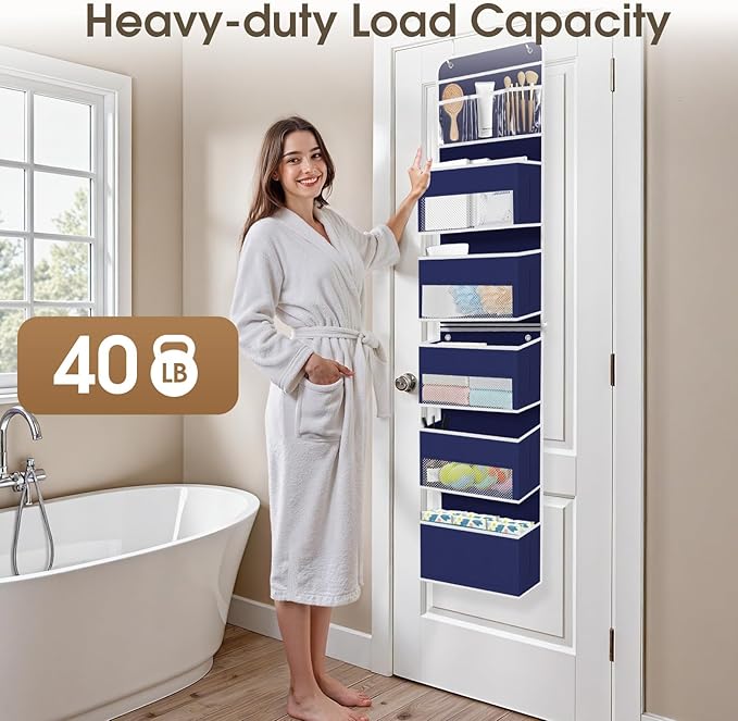 SpaceHacks 6-Tier Over The Door Organizer Hanging Storage Organizers with Clear Window 40lb Large Capacity Room Organizer for Pantry Bathroom Nursery Closet(Blue)