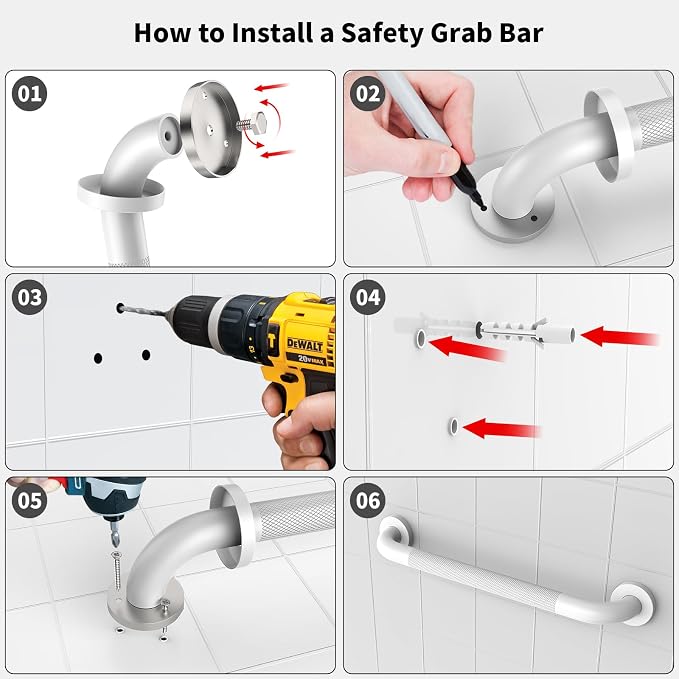 White Grab Bar 20 Inch, iHansee Anti-Slip Bathroom Grab Bar w/Knurled Grip, Stainless Steel Safety Handrail for Toilet Bathtub Shower, Wall Mounted Handicap Bars Handle for Senior Elderly