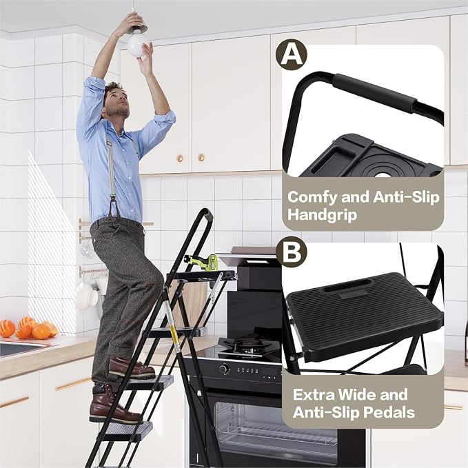 4-Step Ladder with Wide Anti-Slip Platform & Thick Rubber Feet | Heavy Duty Foldable & Portable | 330 lbs Capacity, Steel Frame, Rubber Handgrip, Folding Step Stool