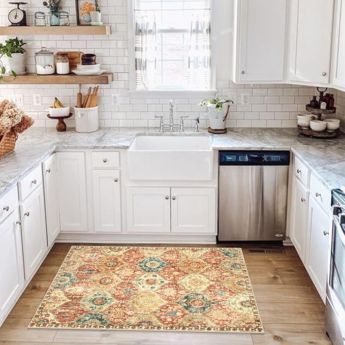 Lahome Kitchen Rugs Non Slip Washable Rugs for Entryway, 2x4 Rug Non-Slip Moroccan Trellis Ultra-Thin Indoor Door Mat Small Carpet for Bathroom Bedroom Entry Elise, Red/Orange