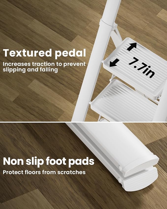 SOLADDER 4 Step Ladder with Handrails, Anti-Slip and Foldable Step Stool with Widen Pedals, Portable Stepladders for Home, Kitchen and Indoor, Space Saving -300lbs (White)