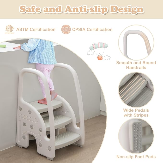 Costzon 3-Step Stool for Toddlers, Children Step Up Leaning Helper with Safety Handles, Non-Slip Pedals, Kids Standing Tower for Kitchen Counter, Bathroom Sink, Toilet Potty Training (Grey)