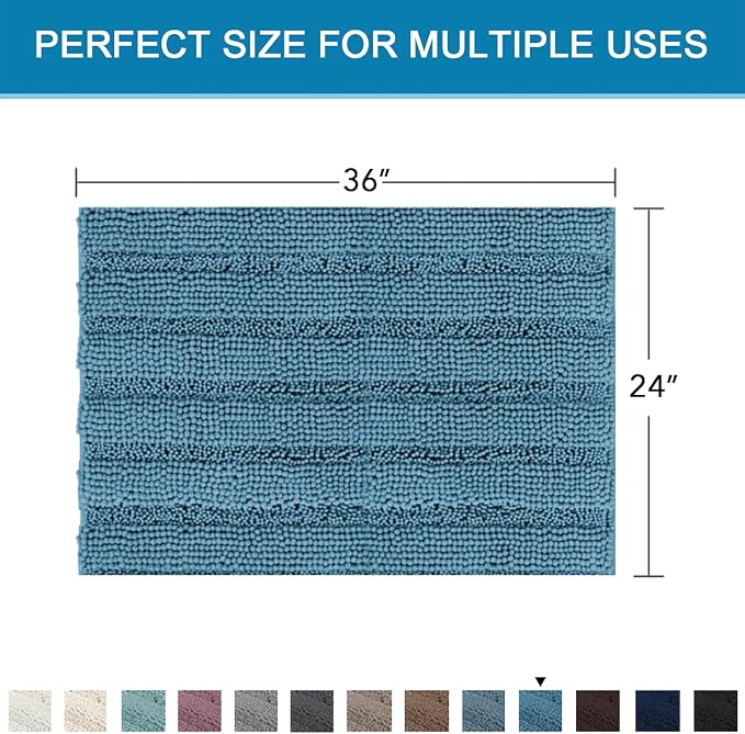 H.VERSAILTEX Bath Mats for Bathroom Non Slip Extra Thick Chenille Striped Bath Rug 24" x 36" Absorbent Non Skid Fluffy Soft Shaggy Rugs Washable Plush Mats for Indoor, Bath Room, Tub - Turquoise Blue