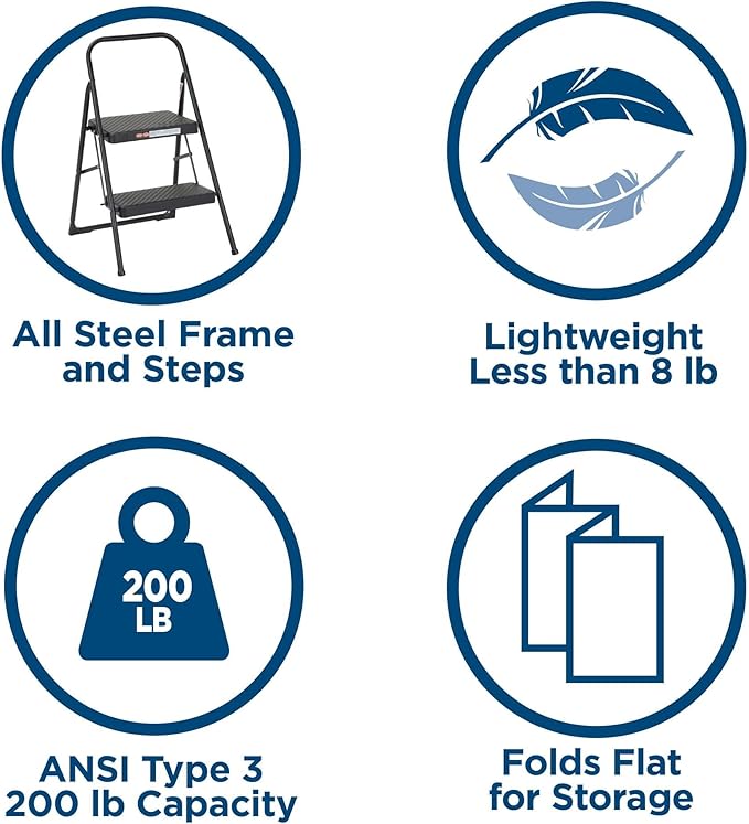 Cosco Lightweight Two Step House Step Stool for Easy Reaching and Cleaning - Non-Marring Leg Tips, Slip Resistant Steps, Stable Rear Leg Support