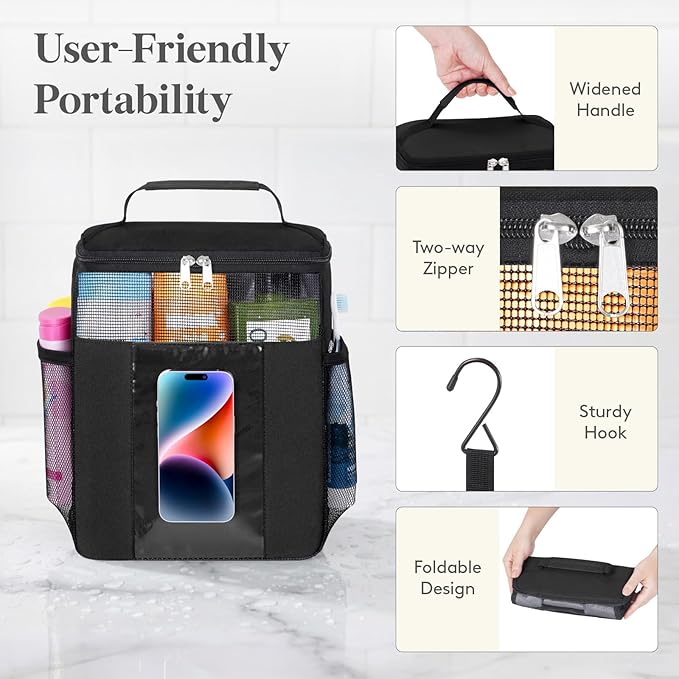 Lifewit Mesh Shower Caddy Bag Portable, Quick Dry Hanging Bathroom Organizer with PVC Phone Bag, College Dorm Room Essentials for Travel, Gym, Camping, Toiletry Tote for Women Men, Large, Black