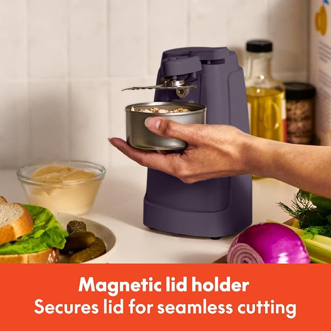 bella Electric Can Opener and Knife Sharpener, Removable Cutting Lever, Cord Storage, Stainless Steel Blade, Plum