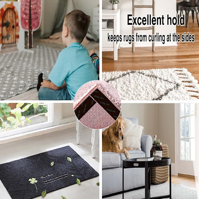 Rug Tape 12 Pcs Carpet Gripper Carpet Tape for Hardwood Floors Non Slip Rug Pad Grippers Rug Stickers Never Curl Rug Corner Gripper Rug Stoppers to Prevent Sliding Reusable Washable Black