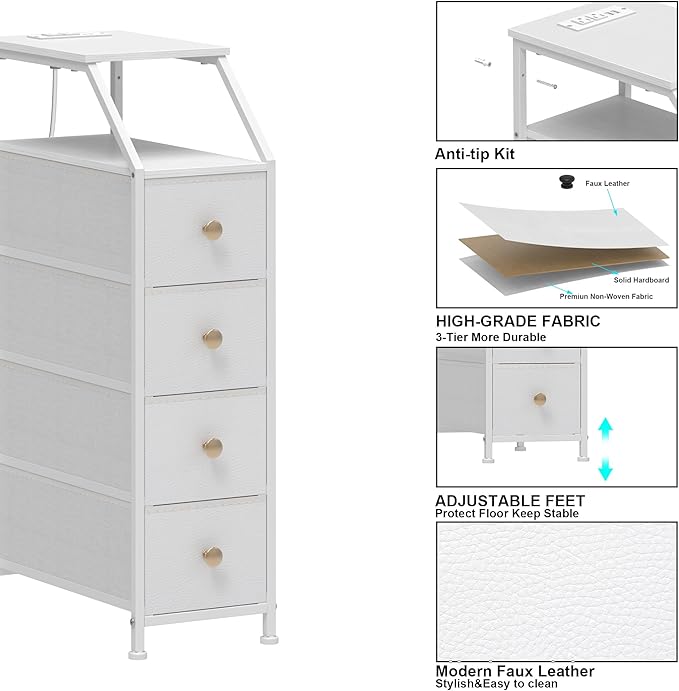 Tohomeor Narrow Dresser Tall Skinny Storage Tower Vertical Slim Chest of Drawers with Charging Station Small Nightstand Side Table for Bedroom, Bathroom, Small Spaces (White, 4 Drawers)