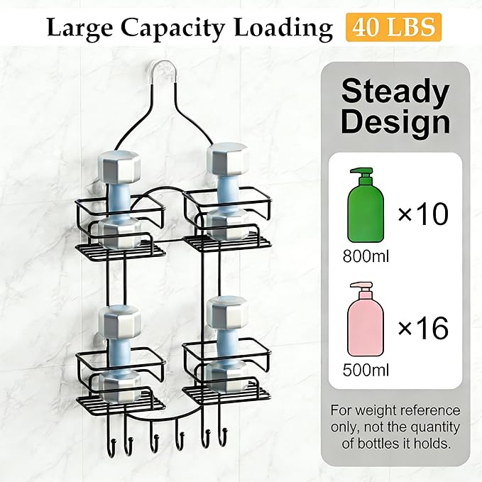 SRIWATANA Shower Caddy Hanging Over Head, Bathroom Shower Organizer Shower Rack Holder with Hooks for Razors - Black