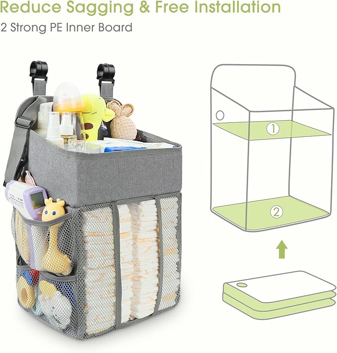 Maliton Changing Table Diaper Organizer - Baby Hanging Diaper Stacker Nursery Caddy Organizer for Cribs Playard Baby Essentials Storage (Gray)