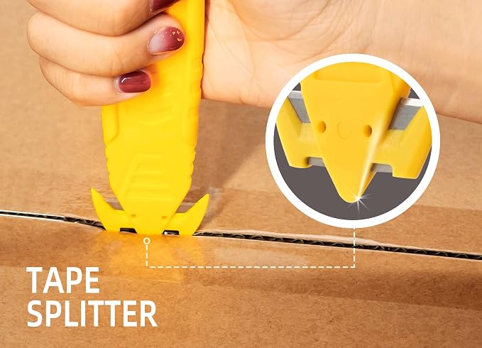 Safety Box Cutter T TOVIA Stainless Steel Concealed Blade Package Opener 10 Pcs for Tape Splitter, Cartons, Cardboard, Wrap, Straps, Film (10 pcs - Yellow)