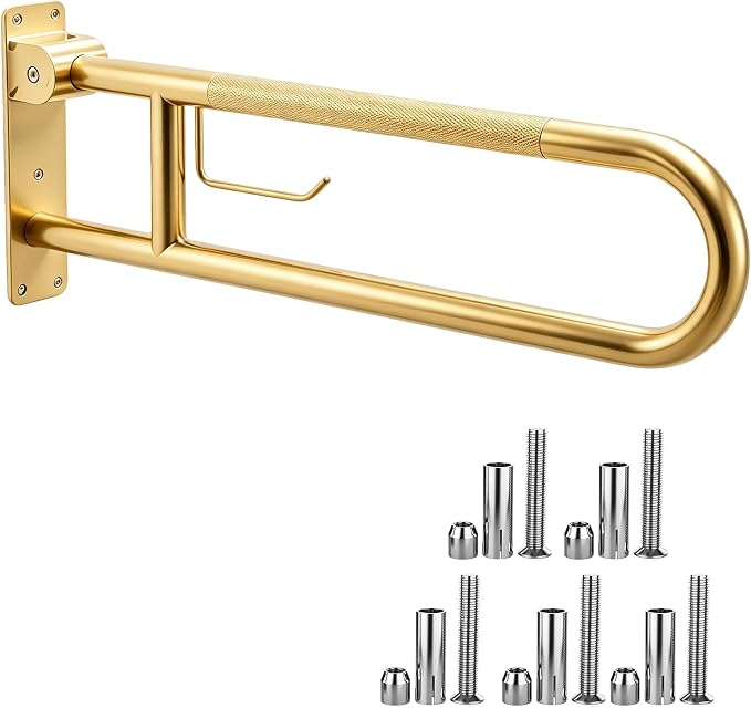 22.5 Inch Toilet Grab Bar, HUAS Gold Anti Slip Bathroom Toilet Safety Rails, U Shaped Flip-Up Handicap Grab Bars w/Paper Holder, Stainless Steel Support Handrail for Elderly Disabled Senior