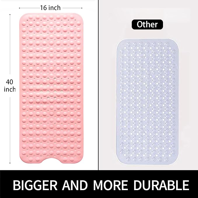Bathtub and Shower Mats, Extra Long Non-Slip Bath Mat 39 x 16 Inch, Machine Washable Bath Tub Mat with Suction Cups & Drain Holes for Bathroom, Pink