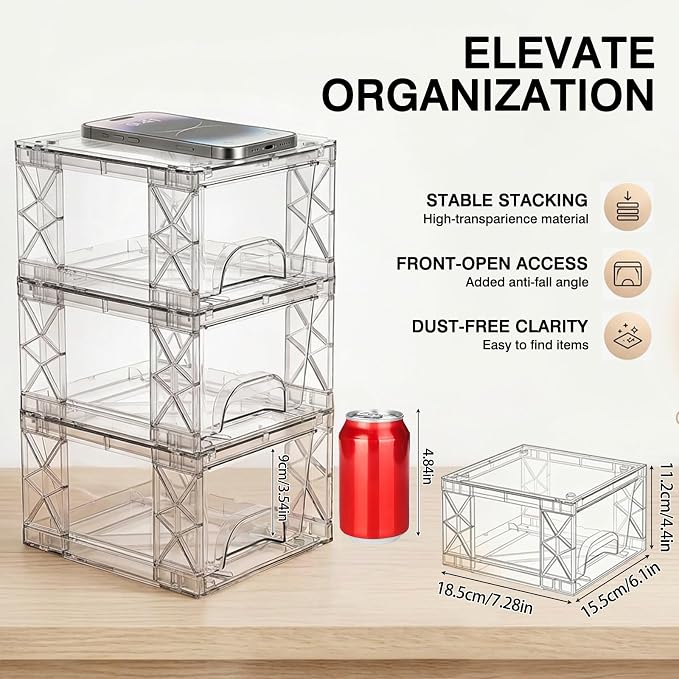 Under Bathroom Sink Organizer Stackable Storage Drawers 4.4in Small Acrylic Medicine Cabinet Bins, Simply Assembled Box Containers for Cosmetics, Bathroom, Kitchen, Snack(4 Pack)