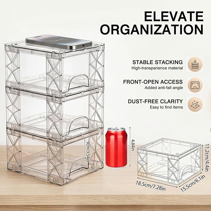 Stackable Storage Drawers, 4.4in Small Bathroom Organizers and Storage Boxes, Simply Assembled Box Containers for Medicine, Cosmetics, , Kitchen, Snack(6 Pack)