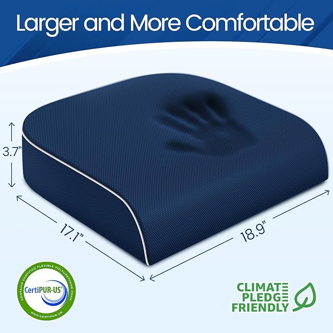 SweetSlubr Seat Cushion for Tailbone Pain Relief, Office Chair Cushion, Memory Foam Large Chair Cushion with Non-Slip Cover for Soft Support at Office Chair, Car Seat, Airplane Drak Blue/2X-Large