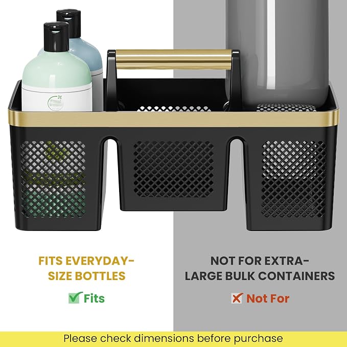 BYUNER Portable Cleaning & Shower Caddy with Handle: Rigid Plastic Basket with 4 Divided Compartments, All-Side Drainage for College Dorm, Bathroom & Utility Use, Black/Gold