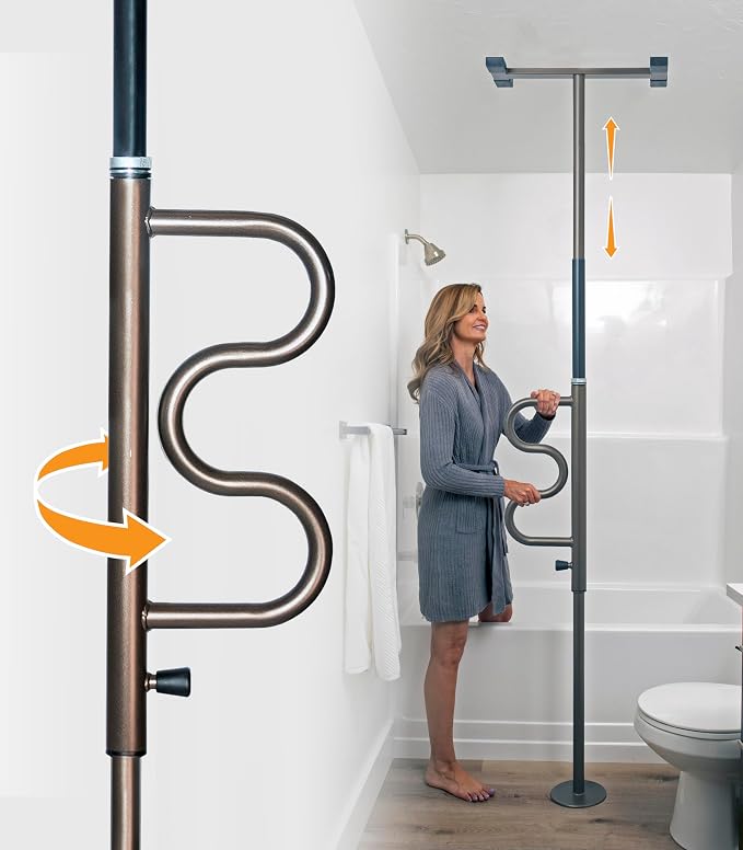 Stander Wonder Pole Plus with Rotating Double Grab Bar, Tension Mounted Security Pole for Seniors & Elderly Adults, No-Drill Floor to Ceiling Transfer Pole for Home & Bath Safety, Bronze