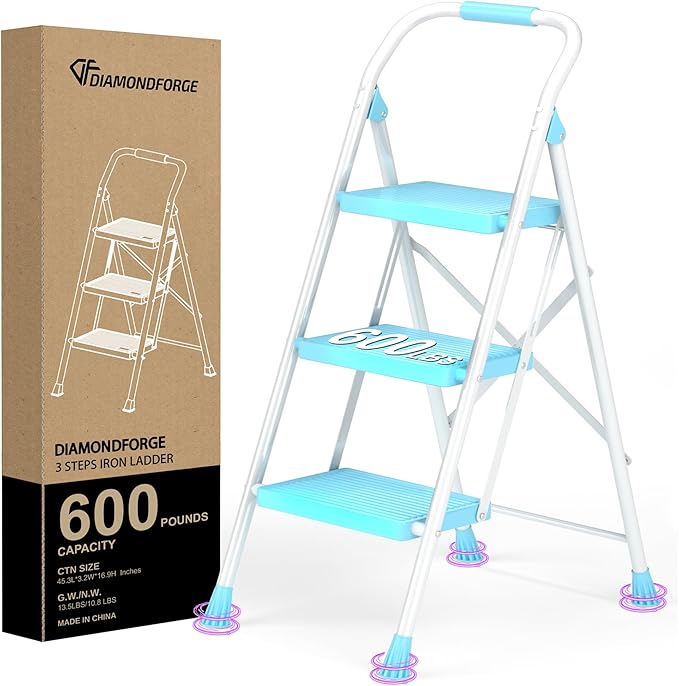 Step Ladder Foldable Folding Stool - for Home Adults Kitchen 3 Stepping Extension Tall Heavy Duty with Handrails - Closet Stepstool Stair Ladders Extendable Stepladder for Indoor House 600Lbs