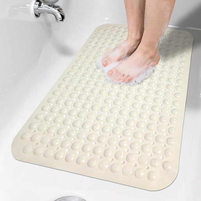 Beige Bathtub Mat Shower Mat Non Slip 17x30 Inch Standard Size, Soft Bubble Bath Tub Mat Shower Mats for Inside Shower Bathroom Floor Mat with Big Suction Cups & Drain Holes, BPA-Free