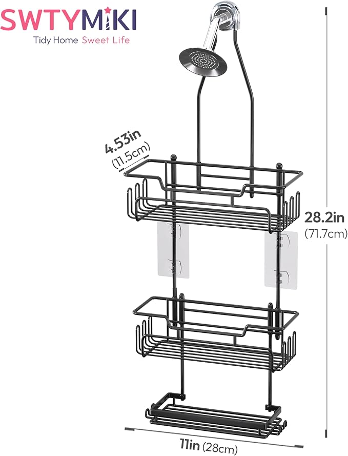 SWTYMIKI Bathroom Shower Caddy Hanging - 3 Tier Rustproof Over Shower Head Organizer, No Drilling Bathroom Shelf with 16 Hooks & Soap Holder, Anti-Swing Rack for Shampoo,Sponge,Towel, Black, Medium